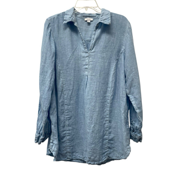 J Jill Love Linen Shirt Womens Size Large Button Up Blue Long Sleeve Top Blouse - Picture 1 of 7
